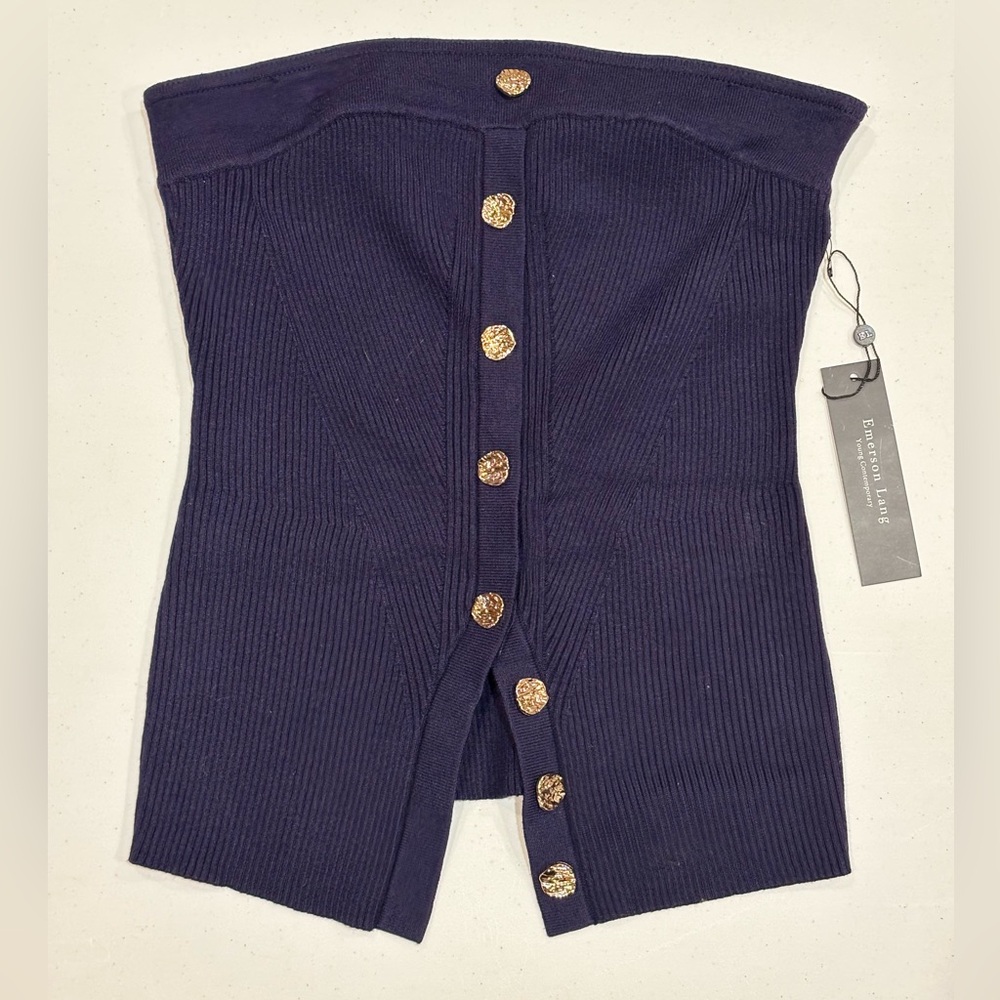 Emerson Lang Navy Blue Strapless Knit Ribbed Top, Gold Buttons, NWT, Medium